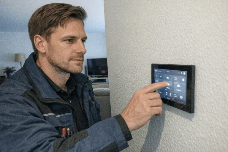 Techniker konfiguriert modernes Wandpanel nach der Montage