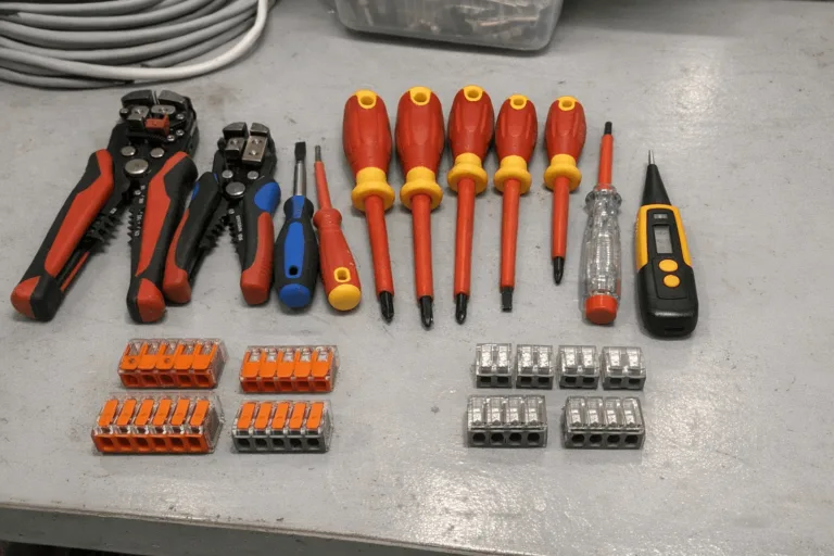 Fachgerechtes Werkzeug für moderne Elektroinstallationen auf einem sauberen Werktisch