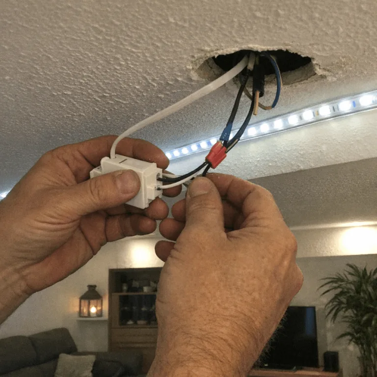 Wohnzimmerdecke wo Techniker fachmännisch LED-Beleuchtung installieren